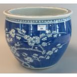 Chinese design, baluster shaped blue and white jardiniere or fish tank, overall with prunuss