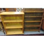 Early 20th century oak waterfall design open bookcase, together with a modern pine bookcase. (2) (