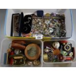 Box of oddments to include various cufflinks, costume jewellery, table calendar, coins, napkin