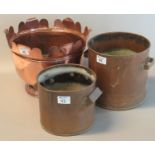 Two copper two-handled planters and a brass jardiniere with metalled rim. (3) (B.P. 21% + VAT)