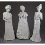Three Royal Worcester blanc de chine fine bone china figurines to include 'Morning', 'Afternoon',