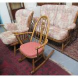 Elm Ercol two piece suite comprising two-seater sofa and armchair, together with a similar Ercol elm