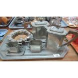 Pewter tray with pewter tea and coffee set marked 'Craftsman Sheffield Pewter'. Tea and coffee pot