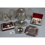 Tray of various items to include candlesticks and silver and plated tie pins, silver and glass