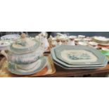 Four trays containing three C.E. & M 'Marino' Ironstone meat plates decorated in sage green on a