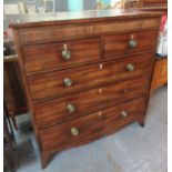 19th century mahogany inlaid straight front chest with two short and three long drawers, brass