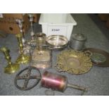 Box of assorted metalware to include: brass and white metal candlesticks, relief foliate decorated