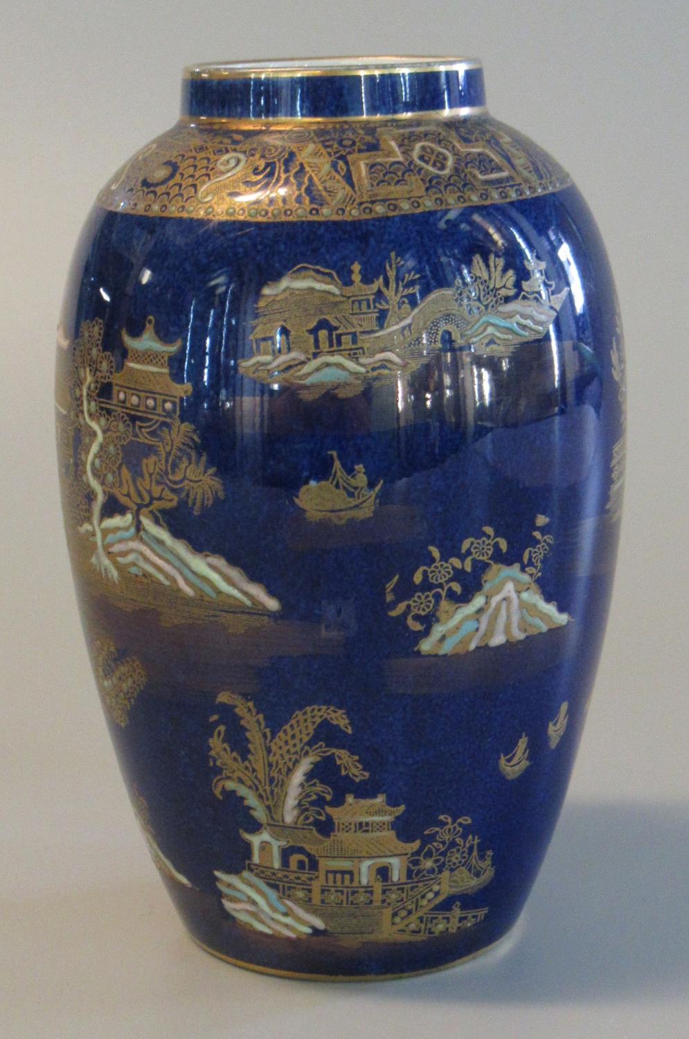 Carltonware Kang Hsi design vase of baluster form on a cobalt blue ground with gilded chinoiserie