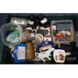 Crate of various oddments to include pair of Bosch binoculars, various playing cards, ceramic