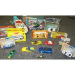 Box of play worn and boxed Diecast model vehicles to include Powerful Friction Racing Car Fiat
