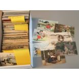 Postcard collection in shoebox all depicting welsh ladies in costume early cards through to 1990'