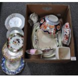 Mixed box of china to include: rectangular meat platter decorated with prunus blossom branches,