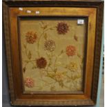 Ribbon work embroidered panel on washed silk, chrysanthemum flowers and foliage. 53 x 41cm approx,