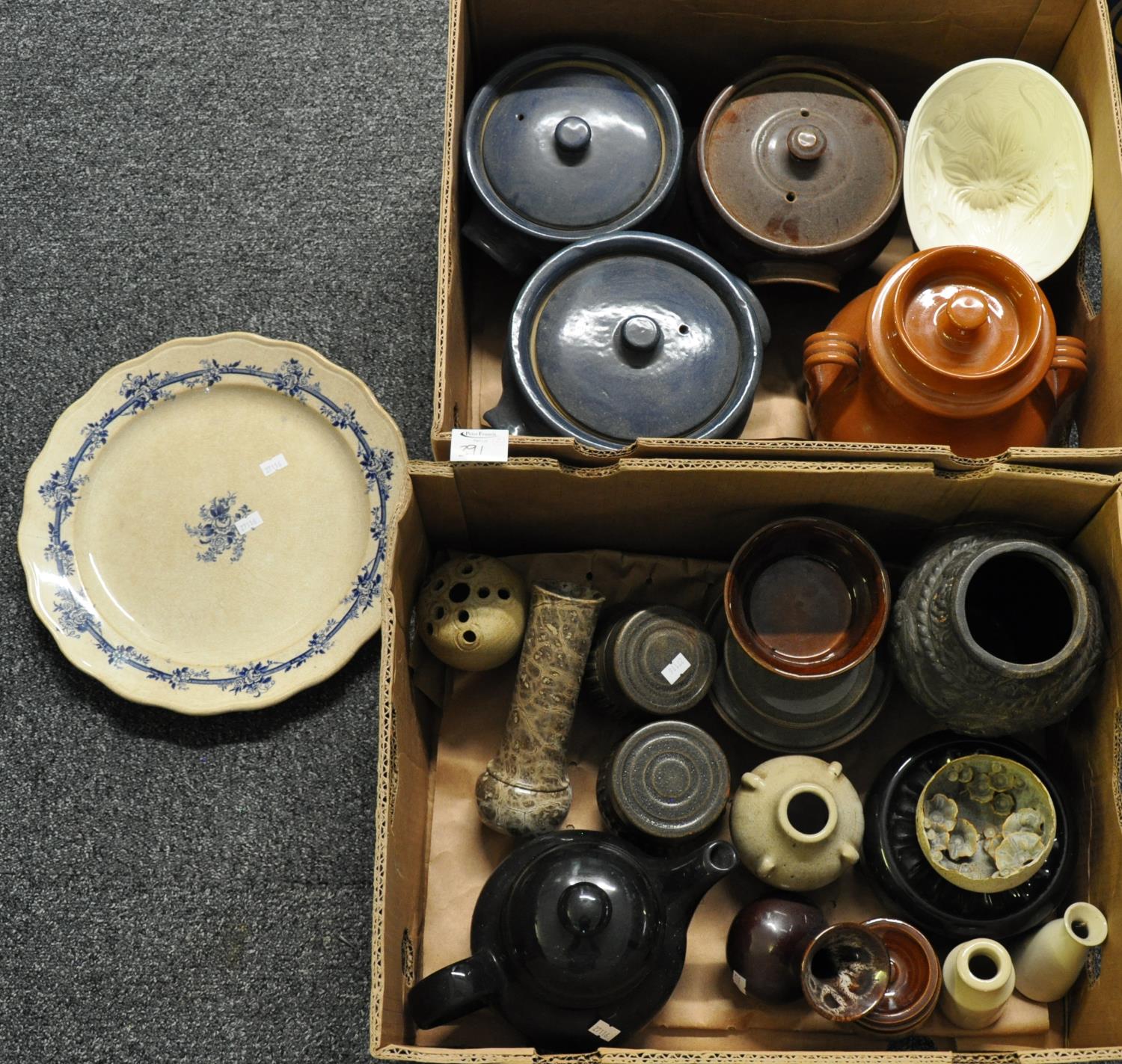 Two boxes of crockery to include: three glazed, lidded pottery casserole pots and one tagine style