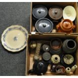 Two boxes of crockery to include: three glazed, lidded pottery casserole pots and one tagine style