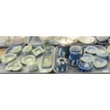 Two trays of Wedgwood Jasperware both green and blue to include; pin trays, ashtrays, trinket boxes,