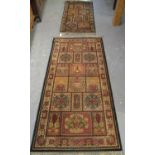 Two similar Middle Eastern design runners on red and brown ground with central panels of foliage and