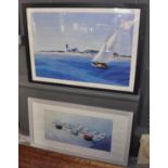 Two large coloured furnishing prints featuring sailing and rowing boats. Framed. (2) (B.P. 21 + VAT)