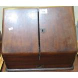 Victorian mahogany fall front stationery cabinet with pull out drawer and brass recessed handle. (