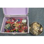 Collection of costume jewellery, together with a tin of assorted silver plated souvenir spoons,