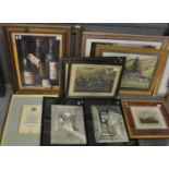 Group of assorted furnishing pictures to include; topographical watercolours, vintage hunting print,