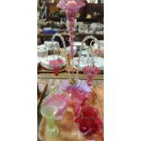 Tray of glassware to include; a Victorian clear and cranberry glass epergne (incomplete), a pink and