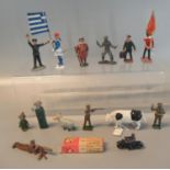 Wooden box containing assorted diecast and other military figures, plastic farm animals etc. (B.P.