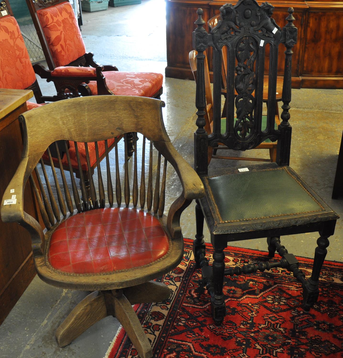 Early 20th century oak spindle back office swivel arm chair, together with a late Victorian