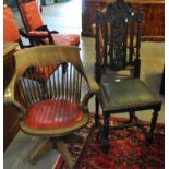 Early 20th century oak spindle back office swivel arm chair, together with a late Victorian