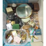 Box of oddments to include costume jewellery, ladies faux tortoise shell vanity hand mirror, dress