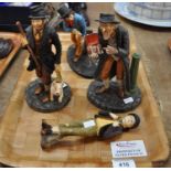 Tray with four Royal Doulton Dickensian character figurines including Fagin Bill Sykes and