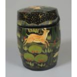 Small, barrel-shaped lacquered and wooden box hand painted with stylised animals in a woodland