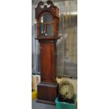 19th Century mahogany longcase clock, carcass only, together with a box of longcase clock parts to