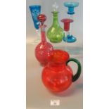 Collection of coloured art glass items to include; Russian design blue drinking vessel,