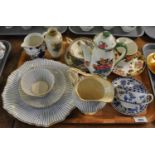 Tray of assorted china to include: Victorian teaware decorated with blue stripes and gilt edges