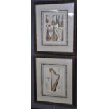 A pair of reproduction coloured furnishing prints, 'Instrumens de Musique', two plates no. 40 and