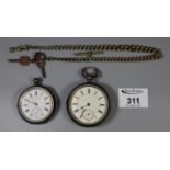 Two silver open face pocket watches with enamel faces and Roman numerals, one marked Henry E.