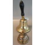 Brass chased foliate desk bell, together with a brass school bell with turned wooden handle. (B.P.