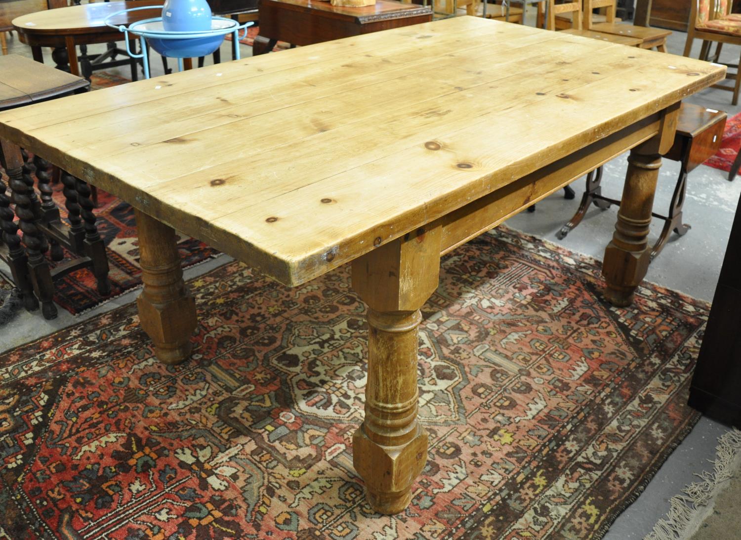 Large modern pine farmhouse kitchen table on baluster turned legs. 182 x 104 x 78 cm approx. (B.P.