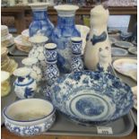 Tray of blue and white china to include; floral and other design vases of various sizes,