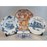A collection of ceramics to include; a pair of 18th Century blue and white tin glazed Delft