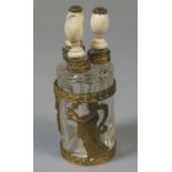 Small circular three-section scent bottle with yellow metal mounts and dancing Greek maidens. (B.