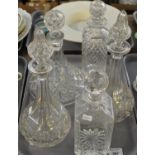 Tray of lead crystal and cut glass decanters: one Kinver lead crystal decanter, a pair of baluster