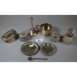 Bag of silver items and oddments to include dressing table jars and covers, scent bottle with silver
