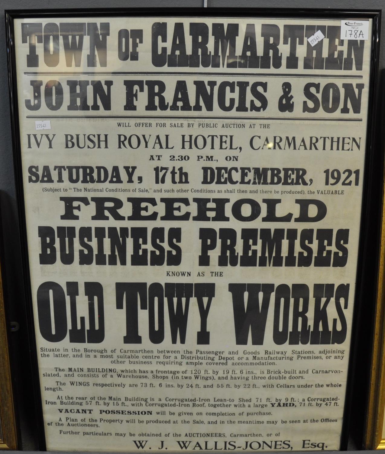 An original John Francis & Sons auction poster, 'Freehold Business Premises known as the Old Towy