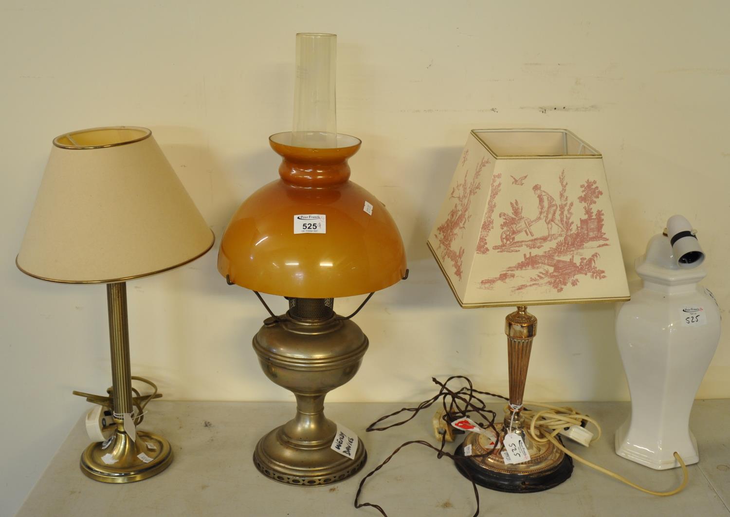 Collection of modern table lamps, together with an oil burner with orange glass shade. (4) (B.P. 21%