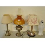 Collection of modern table lamps, together with an oil burner with orange glass shade. (4) (B.P. 21%