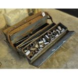 Vintage tin tool box the interior revealing assorted tools and accessories. (B.P. 21% + VAT)