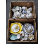 Two boxes of assorted china to include: a Crown Devon cup and biscuit saucer, Duchess bone china