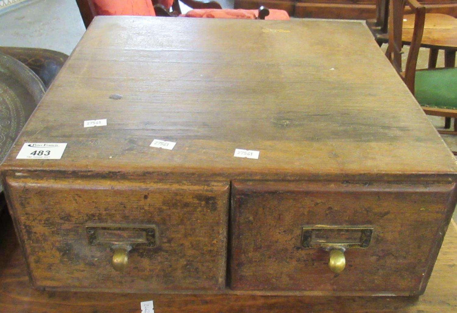 Early 20th century table top two-drawer filing cabinet with brass handles. (B.P. 21% + VAT)